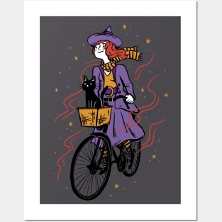 Cute Cartoon Witch Riding a Bicycle Posters and Art